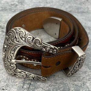 Tony Lama Brown Leather Belt with Rhinestones & Studs Silver Buckle